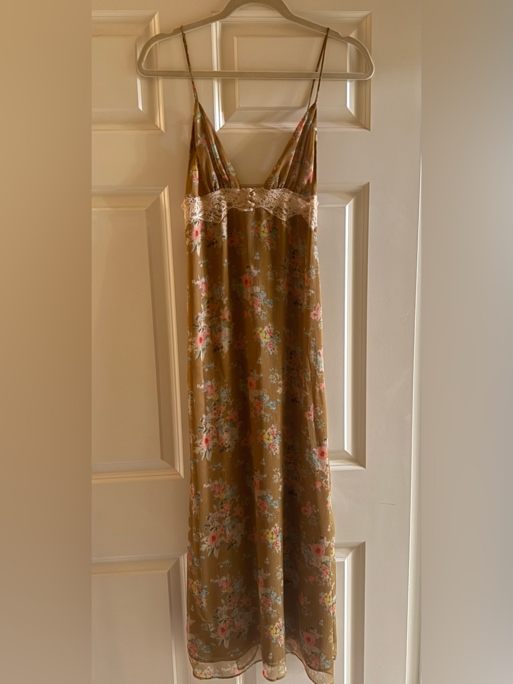 Zara Olive Green Floral Lace-Trim Slip Dress